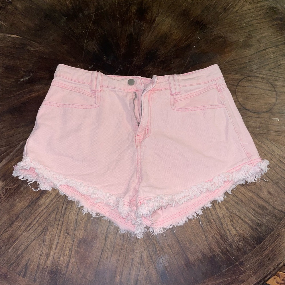 SHEIN Light Pink Lace-Trim Denim Shorts